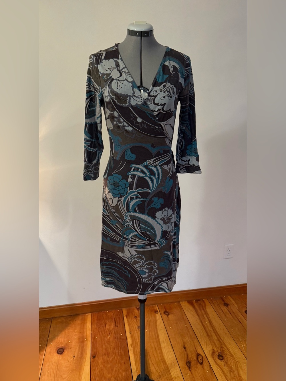 Ann Taylor Teal and Gray Floral Wrap Dress